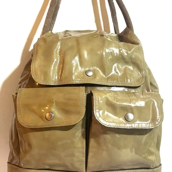 Brunello Cucinelli convertible taupe patent & suede backpack